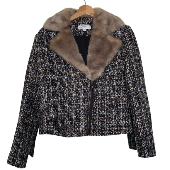 THAKOON Wool Blend Tweed Fur Moto Jacket Coat Biker Wide Notch Collar - Picture 2 of 11